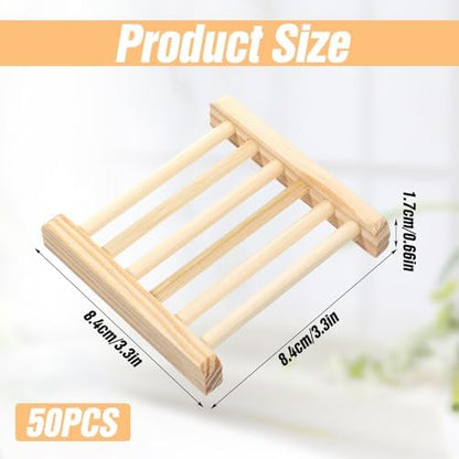 Natural Bamboo Wood Soap Dish with Drainage Tray - Bulk 50 Pcs Wooden Soap Holder for Bathroom, Kitchen Sink, Bar Soaps & Sponges - Rustic Home Decor Organizer, 3.3 x 3.3 x 0.67 Inch