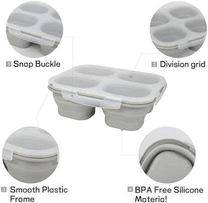 Collapsible Silicone Food Storage Container, 4-Compartment Snack Containers Portion Control with Clip-on Lid, Stackable, Space Saving, Microwave/Fridge/Freezer/Dishwasher Safe (3)