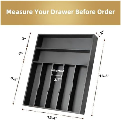 Bamboo Silverware Holder Drawer Utensil Organizer with 7 Slots Black