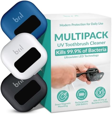 Bril UV-C Toothbrush Sanitizer and Holder – Wall Mounted, Rechargeable, 30-Day Battery, Magnetic Mount, Fits Electric and Manual Brushes, Portable Travel Case, Auto-Shutoff – Multipack