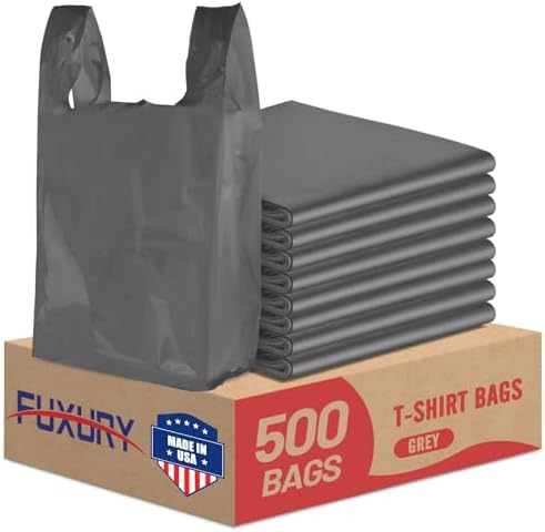 Fuxury 500 Count Plastic Grocery Shopping T-shirt Bags with Handles Grey