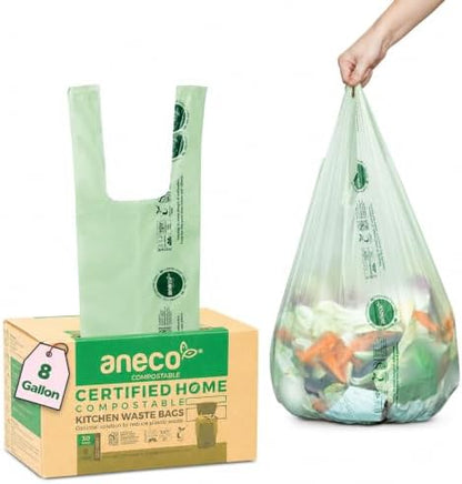 ANECO 8 Gallon Compostable Kitchen Food Waste Bags, 30 Count