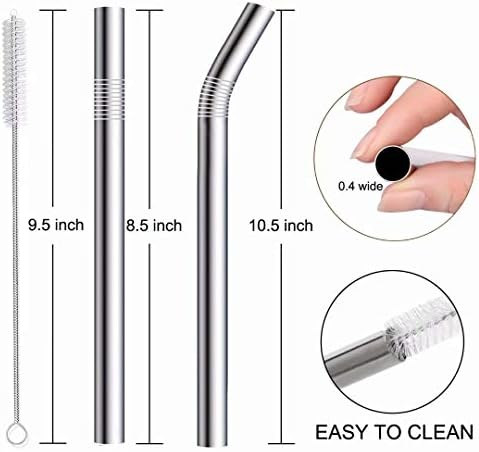 Vinaco 6 Pack 0.4" Wide Bore Reusable Stainless Steel Metal Smoothie Straws