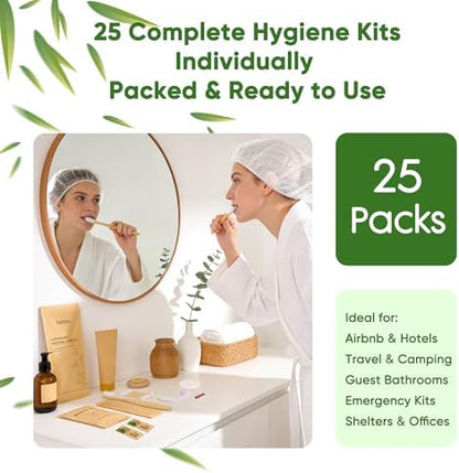 Personal Hygiene Kit Bulk 25 Sets, Travel Size Toiletry Kit for Guests, with Bamboo Toothbrush, Toothpaste and Vanity Kit for Women, Men, Travel and Homeless Care Packages