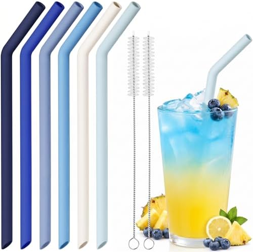 NiHome 6-Pack Wide Reusable Bent Silicone Straws for Smoothies, Milkshake