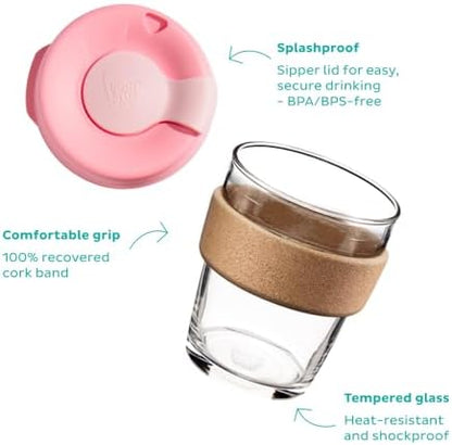KeepCup Brew Cork, Reusable Glass Tumbler with Natural Cork, Tall Coffee Cup 12oz / 340ml - Moonlight