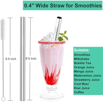 Vinaco 4 Pack 0.4" Wide Bore Reusable Stainless Steel Metal Smoothie Straws