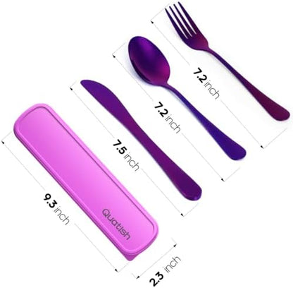 Quatish Travel Utensils with Case, Stainless Steel Cutlery Set, Violet