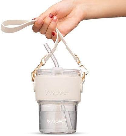 BLUEPOLAR 13oz/400ml Glass Water Tumbler with Straw and Lid Sealed Carry on Thick Wall Iced Coffee Cup for Water, Iced Tea, Fruit Juice (White with Sleeve and Strap)