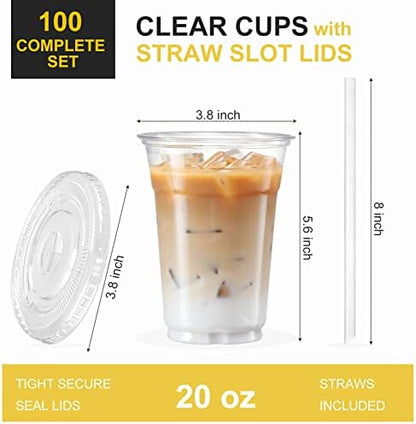 VITEVER [100 Sets - 20oz Clear Plastic Cups with Lids and Straws, Disposable Cups for Iced Coffee, Smoothie, Milkshake, Cold Drinks (Pack of 2)