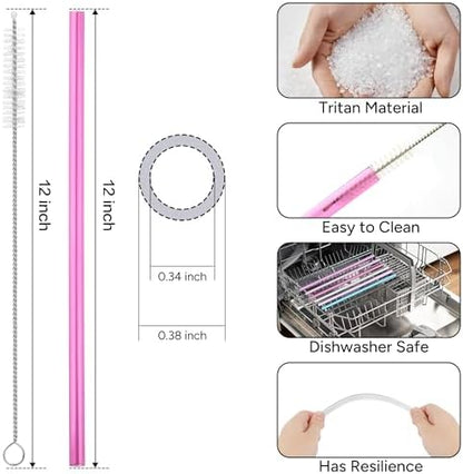 Replacement Straw Compatible with 40 oz Stanley Quencher Tumbler, 12 Inch Extra Long Reusable Plastic Straws for 40 Oz Cup, Dark Pink-6 Pack
