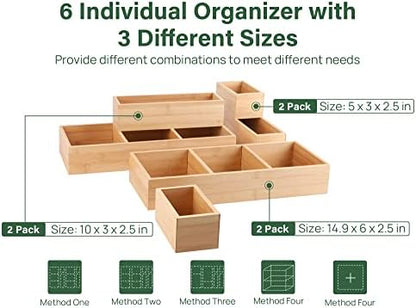 Kootek 6Pcs Bamboo Drawer Organizer 3-Size Kitchen Storage Box for Flatware