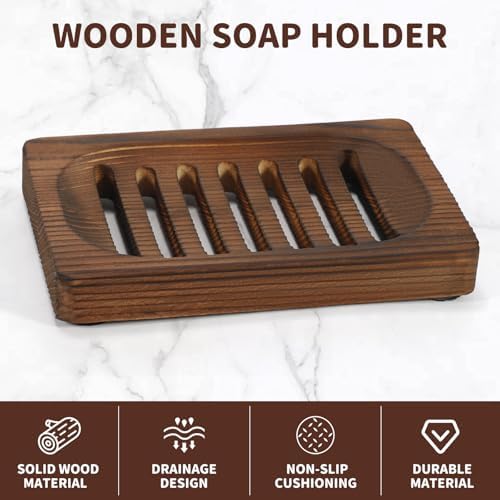 2 Pack Wooden Soap Holder - Integrated Self Draining Soap Dish for Shower with Slotted, Sturdy Wooden Soap Tray for Sink, Bathtub and Kitchen