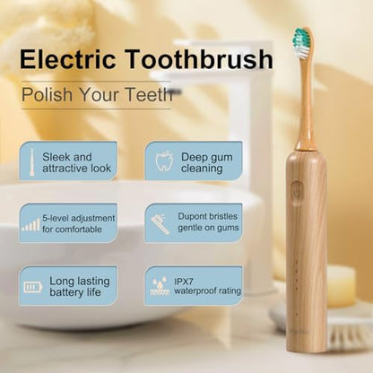 Oscillating Ultrasonic Electric Toothbrush with Bamboo Brush Heads (5 Pack)