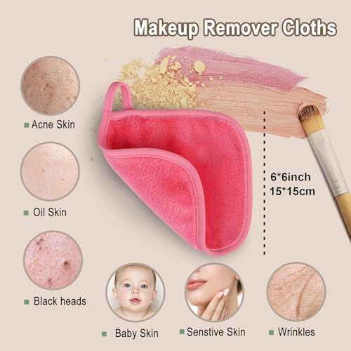 KODAMO Makeup Remover Cloth, 12 Pack Reusable Makeup Remover Towels with Washable Travel Bag, Microfiber Face Wash Cloths for Women All Skin Types, Coral/Pink/Green/Grey