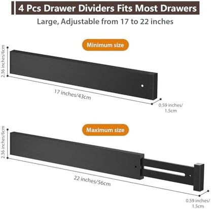 DUCOO 4 PCS Drawer Divider, 17"-22" Adjustable Bamboo Drawer Dividers Organizers, Expandable Separators for Kitchen, Clothes, Dressers, Home, Office, Black