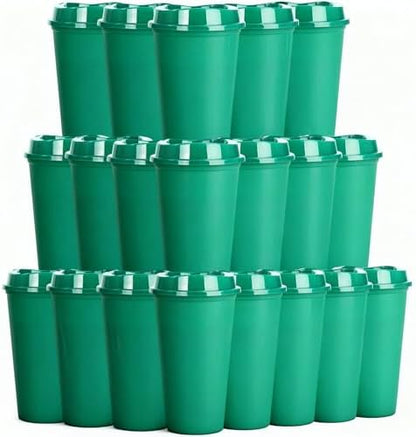 20 Pack Reusable Coffee Cups with Lids 16 oz Plastic Tumblers Travel Mug Iced Coffee Cup for Adults and Women Hot and Cold Drinks, Microwaveable(Greens)