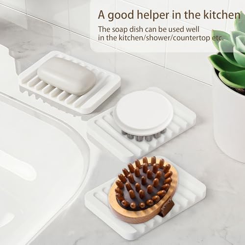 Aoheuo Modern Minimalist Style Soap Dish, Flexible Silicone Drain Soap Holder (White), 4.5" Long 3.2" Wide 0.4" High, Suitable for Kitchen, Bathroom and Bar Sinks