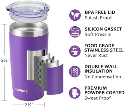 SUNWILL Travel Coffee Tumbler 20 oz, Insulated Mug with Lid, Stainless Steel Cup for Hot and Cold Drinks, Powder Coated Purple
