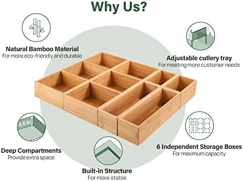Kootek 6Pcs Bamboo Drawer Organizer 3-Size Kitchen Storage Box for Flatware