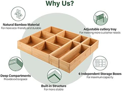 Kootek 6Pcs Bamboo Drawer Organizer 3-Size Kitchen Storage Box for Flatware