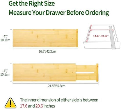 VaeFae 3 Pack Bamboo Drawer Dividers, 4" High Adjustable 16.6" - 21.8" Clothes Drawer Organizers, Expandable Separators for Bedroom/Bathroom/Kitchen/Office Storage