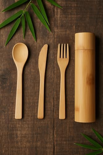 Eco-Friendly Travel Utensils Set: Lightweight Bamboo Forks, Spoons, Knives in Wooden Case, Reusable Utensils for Lunch Box, Kids Camping Cutlery, Sustainable Portable Flatware