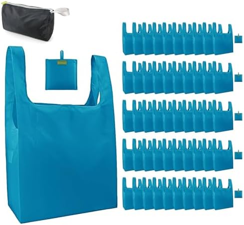 BeeGreen Reusable Grocery Bags Lake Blue Kitchen Bags Bulk Foldable-Machine Washable with Zipper Storage Pouch 50 Packs