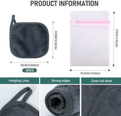 12 Pack Makeup Remover Cloth, 6" x 6" Reusable Makeup Remover Towels Face Washcloth for Washing Face, Makeup Remover Pads Cosmetic Face Wash (Grey)