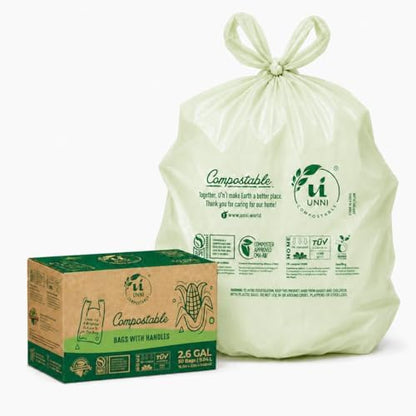 UNNI 2.6 Gallon Compostable Bags with Easy-Tie Handles, 10 Liter, 50 Count