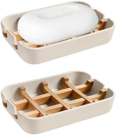 Aoheuo Modern Bamboo Fiber soap Holder and soap Dish Combination (Removable),5.12 Long by 3 Wide, 0.98 inches high, Used in Kitchens, bathrooms, and bar Sinks (Off White(2 Pack))