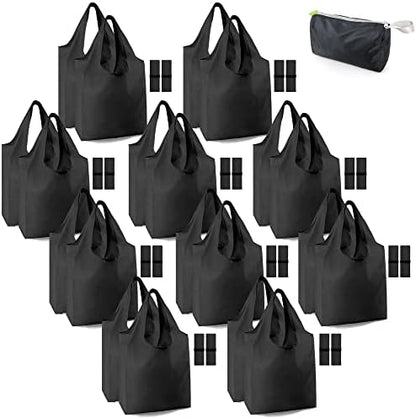 BeeGreen 20 Pack Black Reusable Grocery Bags with Storage Pouch Reusable Shopping Bags Bulk w Elastic Band 50LBS X-Large Foldable Tote Bags Machine Washable-Heavy Duty Cloth Tote Bags for Groceries
