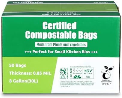 Compostable Bags, 8 Gallon (30L) Food Scraps Yard Waste Bags, Extra Thick 0.85 Mil. ASTM D6400 Compost Bags Small Kitchen Trash Bags, Certified by BPI & TÜV AUSTRIA (50 Count)