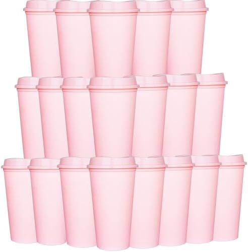 20 Pack Reusable Coffee Cups with Lids 16 oz Plastic Tumblers Travel Mug Iced Coffee Cup for Adults and Women Hot and Cold Drinks, Microwaveable (Pink)