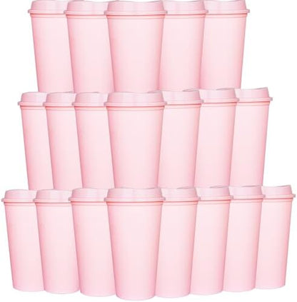 20 Pack Reusable Coffee Cups with Lids 16 oz Plastic Tumblers Travel Mug Iced Coffee Cup for Adults and Women Hot and Cold Drinks, Microwaveable (Pink)