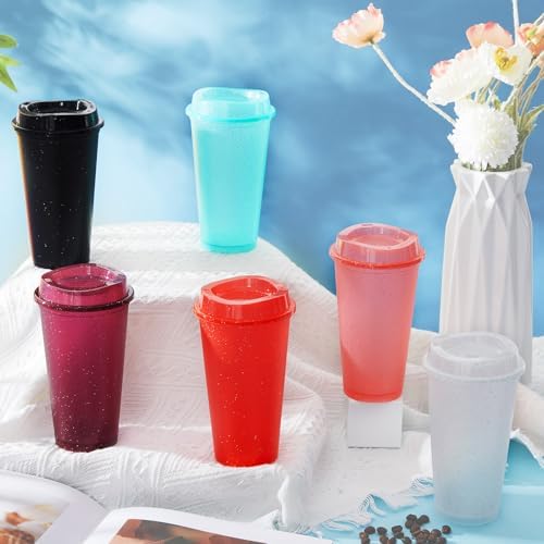 FillTouch 12 Pcs 16 oz Reusable Coffee Cups with Lids, Glitter Colors