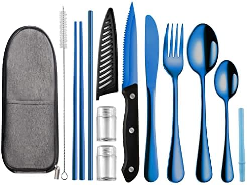 Logcow Travel Utensils Set with Case, 10-Piece Reusable Stainless Steel Camping Cutlery, Portable Fork Spoon Knife Chopsticks & Straw for Work, Lunch, Picnic (Blue)