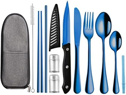 Logcow Travel Utensils Set with Case, 10-Piece Reusable Stainless Steel Camping Cutlery, Portable Fork Spoon Knife Chopsticks & Straw for Work, Lunch, Picnic (Blue)