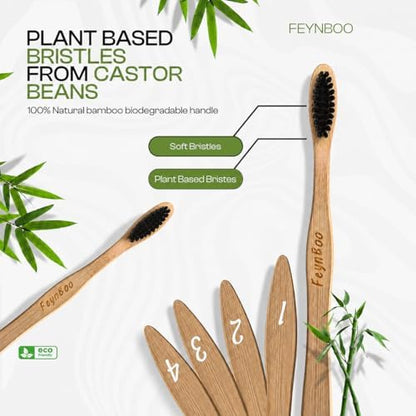 Bamboo Toothbrushes Hard Bristles 6 Pack - BPA Free Bristles Toothbrushes for Adults - Eco-Friendly, Natural Wooden Toothbrush (Light Brown, Black).