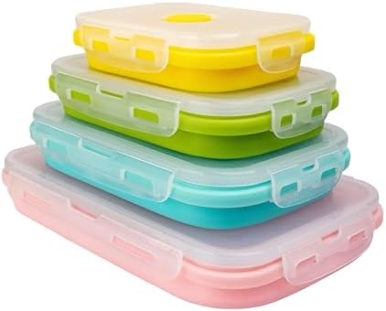 Set of 4, Collapsible Silicone Food Storage Container, Leftover Meal Box for Kitchen, Lunch Boxes with Clip-on Lid, Stackable, Space Saving, Dishwasher Safe, BPA Free