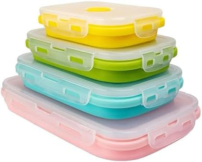 Set of 4, Collapsible Silicone Food Storage Container, Leftover Meal Box for Kitchen, Lunch Boxes with Clip-on Lid, Stackable, Space Saving, Dishwasher Safe, BPA Free