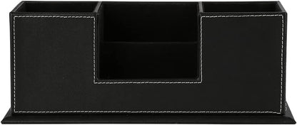KINGFOM Office Supplies Desk Organizer PU Leather Storage Box 4 Divided Compartments for Pen Business Card Remote Control Mobile Phone Cosmetics Collection Holder (Black)