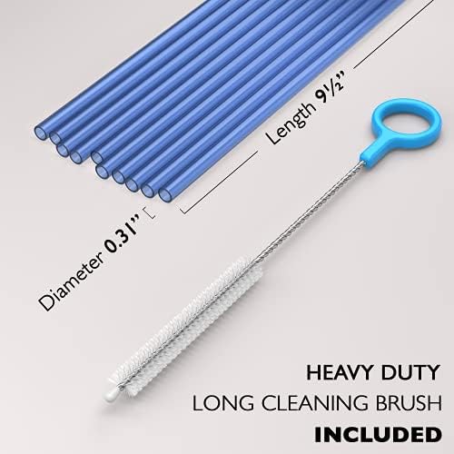 Fiesta First 10 Long Reusable Hard Blue Plastic Drinking Straws, Medium Width + Sturdy Cleaning Brush - for Tumblers, Mason Jars, Smoothies and Milkshakes - Dishwasher Safe BPA Free