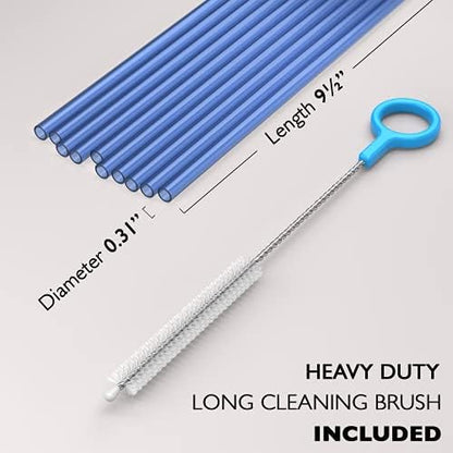 Fiesta First 10 Long Reusable Hard Blue Plastic Drinking Straws, Medium Width + Sturdy Cleaning Brush - for Tumblers, Mason Jars, Smoothies and Milkshakes - Dishwasher Safe BPA Free