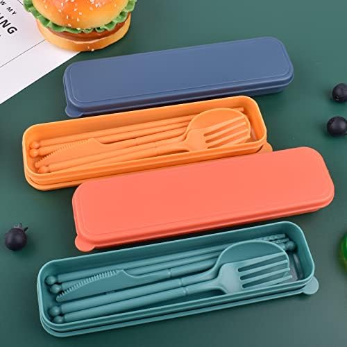 Reusable Utensils Set with Case, 4 Sets Plastic Spoons and Forks Set