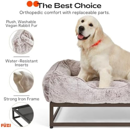 FUZI Elevated Dog Bed Small with Extra Cover, Luxury Raised Pet Bed, Removable and Machine Washable Cover, Indoor/Outdoor Orthopedic, Small 25.1x16.75x18 Soft White and Black Base