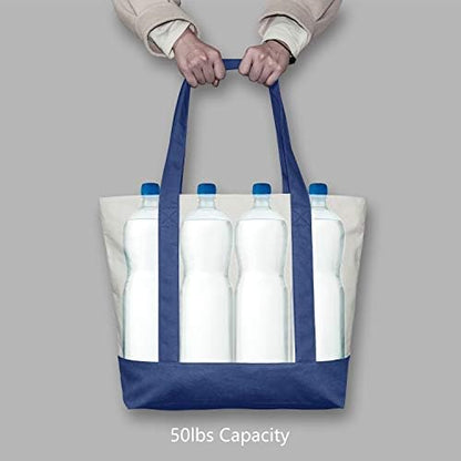 TOPDesign 6-Pack Canvas Tote Bags with an External Pocket, Reusable Grocery Shopping Bags, Top Zipper Closure, Daily Essentials (Blue/Natural)