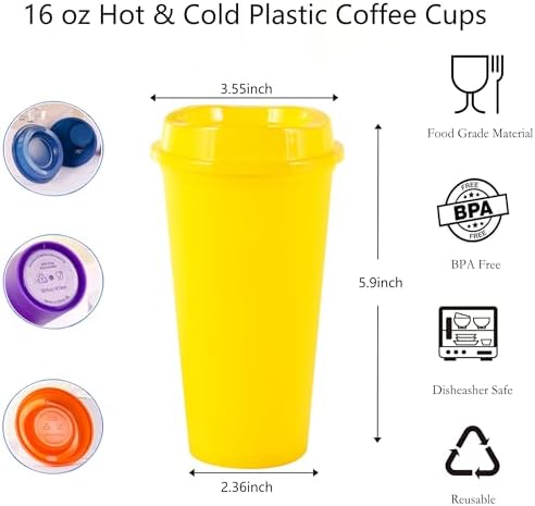 20 Pack Reusable Coffee Cups with Lids 16 oz Plastic Tumblers Travel Mug Iced Coffee Cup for Adults and Women Hot and Cold Drinks, Microwaveable (Rainbow)