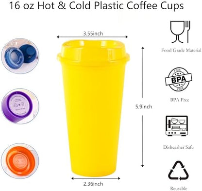 20 Pack Reusable Coffee Cups with Lids 16 oz Plastic Tumblers Travel Mug Iced Coffee Cup for Adults and Women Hot and Cold Drinks, Microwaveable (Rainbow)
