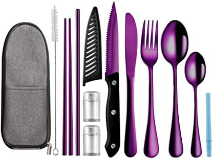 Logcow Travel Utensils Set with Case, 10-Piece Reusable Stainless Steel Camping Cutlery, Portable Fork Spoon Knife Chopsticks & Straw for Work, Lunch, Picnic (Purple)